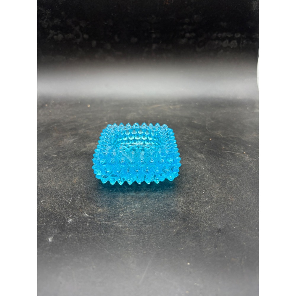 Blue Hobnail Glass Candle Holder Square‎ Turquoise Trinket Dish Vintage Style